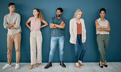 Image showing Human resources, hiring and bored people in a waiting room for job interview at office. Onboarding, hr and group of nervous, anxiety or sad business men and women standing in line for recruitment.