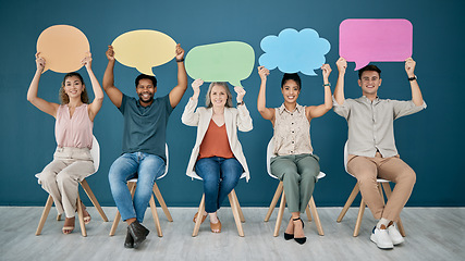 Image showing Portrait, diversity and business people with speech bubble, communication and job interview. Mockup, multiracial and signs for opinion space, recruitment and creative employees with open discussion