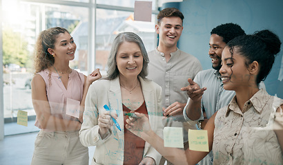 Image showing Glass, business people and team brainstorming, planning and schedule for new project development, deadline or conversation. Staff, teamwork or group project with strategy, collaboration or share idea