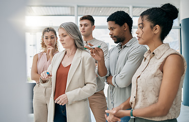 Image showing Planning, strategy and business people writing on board for a team collaboration, brainstorming and idea. Meeting, goal and employees working on a solution, problem and discussion in a group