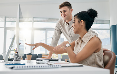 Image showing Computer, teamwork and business people in discussion for a project with collaboration in the office. Technology, mentor and professional manager helping an employee with corporate report in workplace