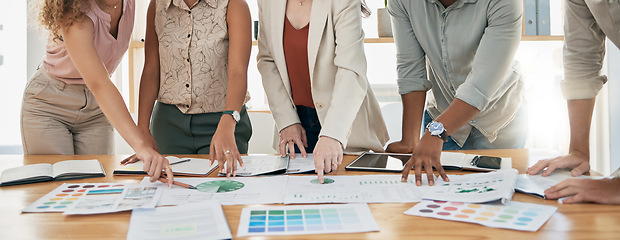 Image showing Hands, finance and documents with a business team planning in collaboration for growth in an office. Accounting, data and teamwork with a man and woman employee group working on a financial budget