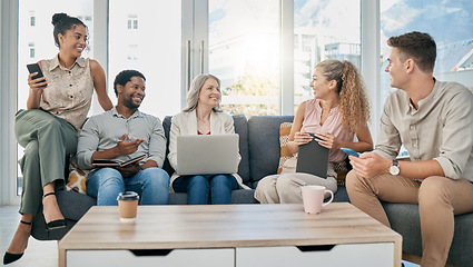 Image showing Team, laptop and creative meeting of sofa in modern office for web design collaboration, strategy innovation and designers talking. Teamwork, discussion and planning tech development on agency couch