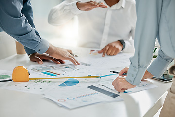 Image showing Paperwork, office and team planning a project together in conference room with graphs, data and statistics. Teamwork, documents and group of people in collaboration working on a strategy in workplace