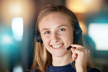 Image showing Call center, smile and portrait of business woman at night in customer service, consulting or technical support. Help desk, advisory or telemarketing with employee and microphone for phone call sales