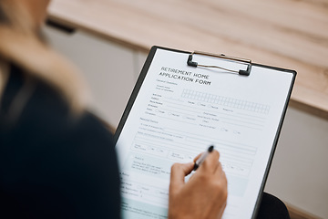 Image showing Retirement home, application form or hand of woman writing personal information to register on paper or clipboard. Contract, compliance or person signing on registration paperwork or legal documents