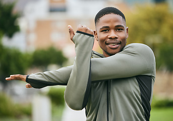 Image showing Fitness, stretching and black man in park for workout, training or running motivation, energy and sports portrait. Warmup, exercise and runner face with cardio, outdoor run goals and muscle health