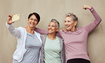 Image showing Senior women, phone selfie and strong fitness support together for arm exercise workout motivation, training wellness and retirement lifestyle. Elderly friends, smartphone and cardio care happiness