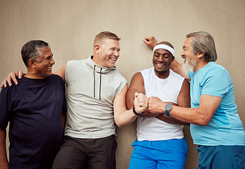 Image showing Happy, fitness or friends fist bump with goals bonding after workout, training or running exercise. Motivation, mature runners or healthy group of senior men with support or target ready for running
