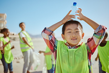 Image showing Child, portrait and plastic bottle on nature beach, waste management collection and ocean school cleanup. Smile, happy kids and volunteering in climate change cleaning and community service recycling