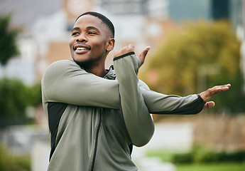 Image showing Fitness, stretching and black man in park for workout, training or running motivation, energy and sports mindset. Warmup, exercise and runner thinking of cardio, outdoor run goals and muscle health