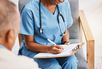 Image showing Nurse, writing notes and medical history with patient for healthcare, research or surgery planning. Closeup doctor, clipboard and consulting test results, medicine questions and checklist information