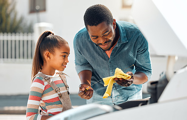 Image showing Oil change, father and child learning about car for mechanic repair of family vehicle outdoor. Black man teaching daughter while bonding and working on engine for transport, safety and insurance