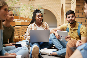 Image showing Group studying, university student and communication of research, project or schedule planning, ideas and teamwork. talking, education and diversity college friends or people collaboration in school