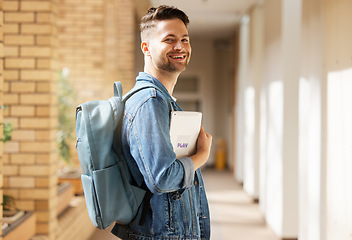 Image showing College education and student portrait with tablet for academic learning, research and studying online. Study, knowledge and Gen Z university man at campus on break in California, USA.