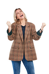 Image showing Success, achievement and happy woman with good news isolated on a white background in studio. Winner, celebration and girl celebrating a victory, yes or win on a studio background with motivation