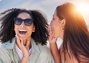 Image showing Girl friends, whisper and happy communication of a woman with a secret laughing outdoor. Lens flare, friend conversation and summer holiday travel of people talking about a gossip story on vacation