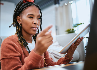 Image showing Black woman, tablet and reading on laptop for online email communication, pointing finger and planning strategy in home office. African girl, student and working on digital tech devices for elearning