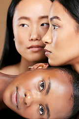 Image showing Diversity, skincare portrait and woman support for cosmetics dermatology, facial wellness and care in brown background studio. Women inclusion, model face and luxury spa glow or organic treatment