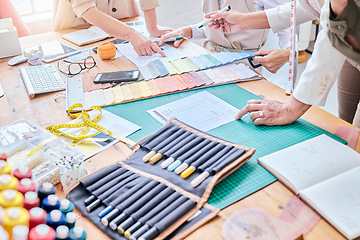 Image showing Planning, teamwork and fashion designer hands in creative project, collaboration and textile industry. Startup, sketch and studio, workshop or manufacturing people ideas, art vision and color palette