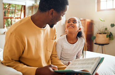 Image showing Happy, child and father reading a book for education, learning and information in their family home. Love, smile and African dad with a girl in the bedroom for a story, bonding and quality time