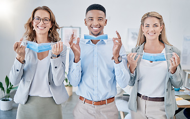 Image showing Office team, group portrait and mask with smile, safety and health to stop covid 19 in workplace. Business people, diversity and happiness with teamwork, ppe and wellness in office with solidarity