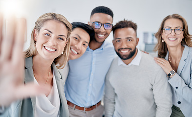 Image showing Office selfie, diversity and portrait of business people with photo memory of teamwork, collaboration and solidarity. Company workplace group, community and corporate team happy for startup success