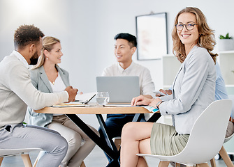 Image showing Meeting, planning and collaboration with a business woman in the boardroom with her team for strategy. Manager, workshop and teamwork with a female leader training her staff during an office seminar