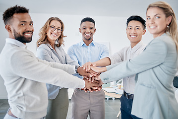 Image showing Portrait, stack of hands and business people in celebration of success, achievement or goal. Happy, diversity and corporate team with smile to celebrate successful collaboration or teamwork in office