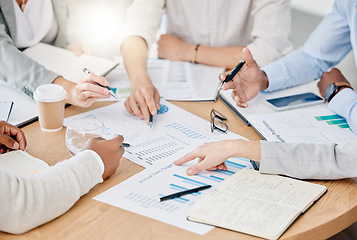 Image showing Closeup, business people and team brainstorming, meeting and charts for feedback, financial growth and notes. Zoom, staff and group project for budget report, finance and collaboration for accounting