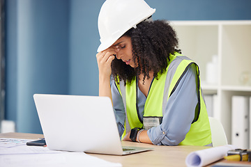 Image showing Engineer, stress and black woman in office, laptop and anxiety for deadline, planning and financial crisis. Business, African American female and architect frustrated, headache or burnout for project