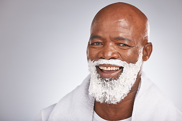 Image showing Face, shaving cream and portrait black man with smile, beard and skincare spa treatment on grey background. Health, mock up and facial hair, happy mature man morning shave with product placement.