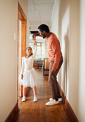 Image showing Dance, happy and ballet father and daughter holding hands for learning, support and bonding. Princess, teaching and music with dad and girl in black family home for freedom, wellness and helping
