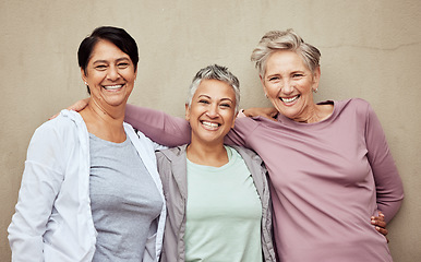 Image showing Fitness portrait, senior women friends and exercise with wellness in retirement, vitality and active lifestyle. Mature female, smile and training, relax and sports motivation against wall background