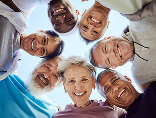 Image showing Portrait, senior or friends with fitness goals, support or hope in huddle bonding in training, sports exercise or workout. Low angle, faces or happy elderly people with mission, team work or vision