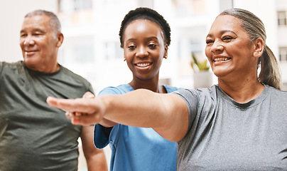 Image showing Physiotherapy, nurse and senior couple for exercise, smile and teamwork goal for health, wellness or house. Physiotherapist help, black woman and training for rehabilitation group, workout or fitness