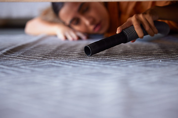 Image showing Cleaning, housekeeping and woman vacuum cleaner for carpet in living room for dirt, dust and hygiene in home. Cleaning service, domestic housework and girl with electric appliance for lounge flooring