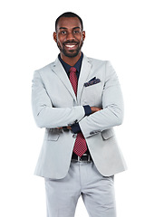 Image showing Business man, success and CEO smile in portrait, executive leadership and vision isolated on white background. Black man, black business and arms crossed, corporate boss with career goals mindset