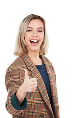 Image showing Thumbs up, portrait and success of woman in studio on a white background. Ok hand gesture, like emoji and happy female model with thumbsup for motivation, support or approval, thank you or agreement.