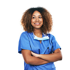 Image showing Nurse, healthcare and black woman with arms crossed in studio isolated on a white background. Medical, thinking and confident, proud and happy female physician with ideas, thoughts or contemplating.