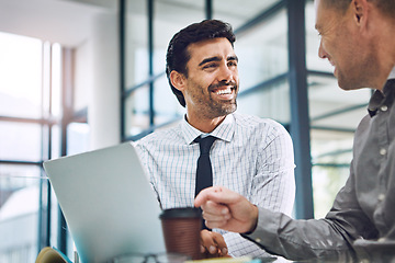 Image showing Smile, data analysis or business people with laptop for business meeting, invest strategy or planning company finance. Collaboration, thinking or teamwork on tax data analysis or financial network