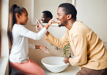 Image showing Black family, soap nose and washing hands for health and wellness in home bathroom. Man teaching girl while cleaning body for safety, healthcare and bacteria while playing and learning about wellness