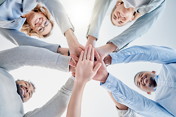 Image showing Hands together, support and teamwork people for collaboration success, staff mission and business solidarity. Happy group of employees stacked sign for goals, community and diversity in below mockup