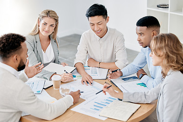 Image showing Meeting, collaboration and finance with a business team planning for the future growth of their investment. Planning, documents and teamwork with a man and woman accounting group in the office