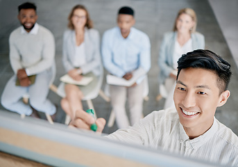 Image showing Business, Asian man and writing on board for presentation, workshop and budget feedback for staff, teamwork and smile. Corporate training, male leader or manager with group, seminar and collaboration