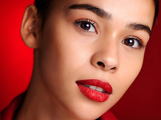 Image showing Lipstick, portrait or woman with makeup for beauty or glowing skin with luxury cosmetics or products. Studio background, face or beautiful girl model marketing facial skincare for self care grooming