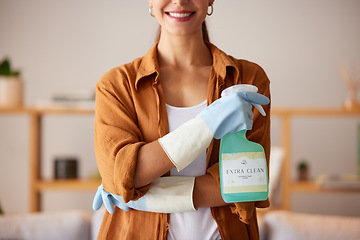 Image showing Spring cleaning, hands and bottle with chemical spray, eco friendly products and disinfection of bacteria, dirt and household maintenance. Closeup cleaner, cleaning service and liquid detergent soap