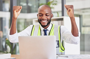 Image showing Construction engineer man, laptop and celebration in office for success, contract and happy for email communication. Black man, engineering and construction worker with winning bonus, goal and profit