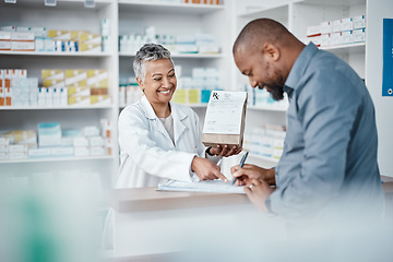 Image showing Medicine, shopping or pharmacist with customer writing personal or medical information in pharmacy. Consulting, pills or happy senior doctor helping or speaking to black man or sick African customer