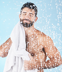 Image showing Clean, man with towel and beauty, body hygiene with bokeh overlay and grooming against blue background. Skincare with shower and smile, clean cosmetic care and cotton fabric, facial and wellness